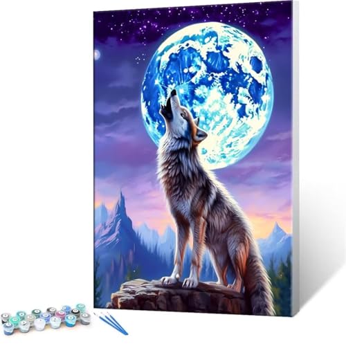 Malen Nach Zahlen Erwachsene - DIY Wolf Mond Handgemalt Ölgemälde Kit für Anfänger, Mit 3-Pinseln und Acrylfarbe Handgemalt öLgemäLde Kit Als Geschenk Heimdekoration 100x140cm (Ohne Rahmen) R-195 von QIANLUOO