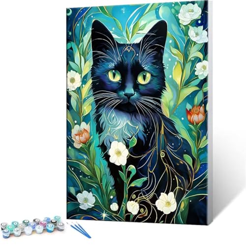 Malen Nach Zahlen Erwachsene - DIY schwarze Katze Handgemalt Ölgemälde Kit für Anfänger, Mit 3-Pinseln und Acrylfarbe Handgemalt öLgemäLde Kit Als Geschenk Heimdekoration 40x50cm (Ohne Rahmen) R-120 von QIANLUOO