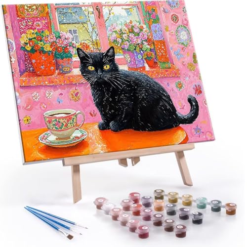 Malen Nach Zahlen Erwachsene - DIY schwarze Katze Handgemalt Ölgemälde Kit für Anfänger, Mit 3-Pinseln und Acrylfarbe Handgemalt öLgemäLde Kit Als Geschenk Heimdekoration 60x80cm (Ohne Rahmen) R-616 von QIANLUOO