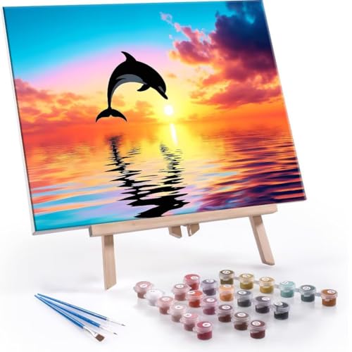 Malen Nach Zahlen Kinder ab 5 6 7 8 9 10 Jahre Mädchen, Paint by Numbers Adult Kinder Dolphin Sonnenuntergang Anfänger mit Leinwand Pinseln Acrylpigment für Geschenke und Home Haus Deko 35x50cm U-611 von QIANLUOO