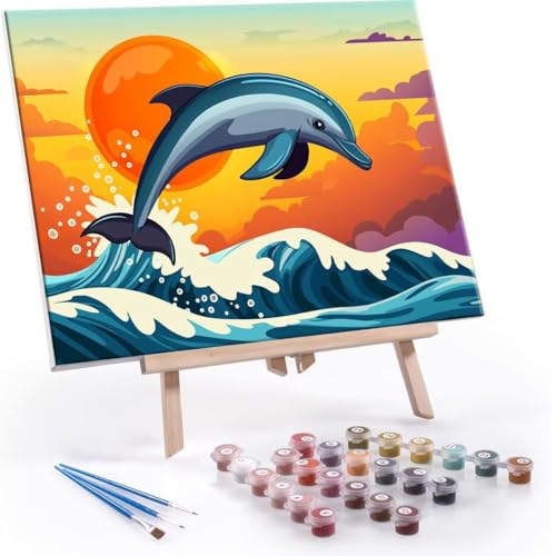 Malen Nach Zahlen Kinder ab 5 6 7 8 9 10 Jahre Mädchen, Paint by Numbers Adult Kinder Ocean Dolphin Anfänger mit Leinwand Pinseln Acrylpigment für Geschenke und Home Haus Dekorieren 40x50cm U-613 von QIANLUOO