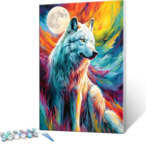 Malen Nach Zahlen Kinder ab 5 6 7 8 9 10 Jahre Mädchen, Paint by Numbers Adult Kinder Wolf Mond Anfänger mit Leinwand Pinseln Acrylpigment für Geschenke und Home Haus Dekorieren 90x120cm U-194 von QIANLUOO