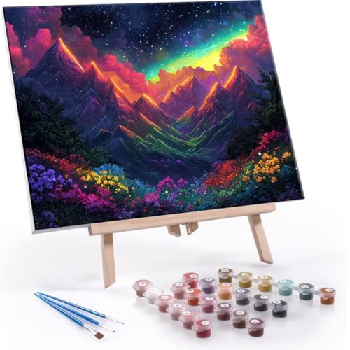 Malen nach Zahlen Erwachsene, Malen nach Zahlen Aurora Mountains DIY Handgemalt Ölgemälde Kit Paint by Numbers Adult Mit 3 Pinseln und Acrylfarbe Knitterfreie Leinwand Kit - 60x80cm (Rahmenlos) Y-654 von QIANLUOO