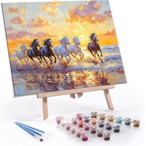 Malen nach Zahlen Erwachsene, Malen nach Zahlen Beach Horse DIY Handgemalt Ölgemälde Kit Paint by Numbers Adult Mit 3 Pinseln und Acrylfarbe Knitterfreie Leinwand Kit - 50x70cm (Rahmenlos) Y-610 von QIANLUOO