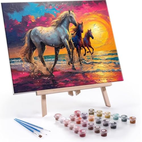 Malen nach Zahlen Erwachsene, Malen nach Zahlen Beach Horse DIY Handgemalt Ölgemälde Kit Paint by Numbers Adult Mit 3 Pinseln und Acrylfarbe Knitterfreie Leinwand Kit - 70x90cm (Rahmenlos) Y-608 von QIANLUOO