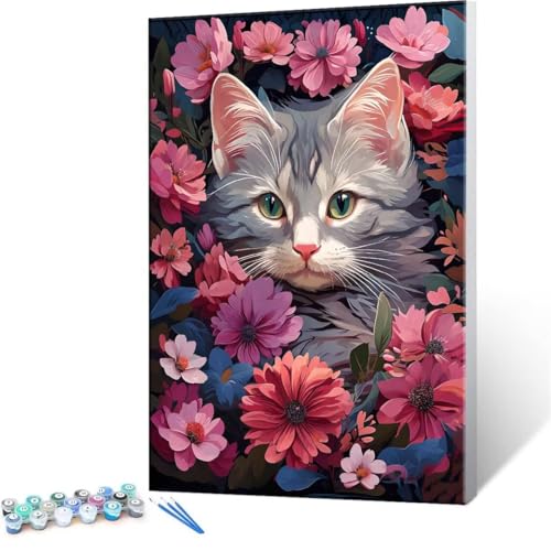 Malen nach Zahlen Erwachsene, Malen nach Zahlen Cat Blume DIY Handgemalt Ölgemälde Kit Paint by Numbers Adult Mit 3 Pinseln und Acrylfarbe Knitterfreie Leinwand Kit - 90x120cm (Rahmenlos) Y-216 von QIANLUOO