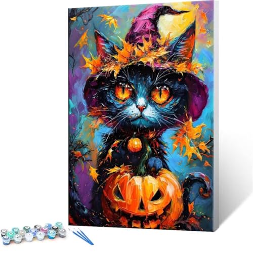 Malen nach Zahlen Erwachsene, Malen nach Zahlen Halloween Katze DIY Handgemalt Ölgemälde Kit Paint by Numbers Adult Mit 3 Pinseln und Acrylfarbe Knitterfreie Leinwand Kit - 60x80cm (Rahmenlos) Y-375 von QIANLUOO