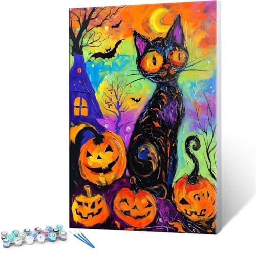 Malen nach Zahlen Erwachsene, Malen nach Zahlen Halloween Katze DIY Handgemalt Ölgemälde Kit Paint by Numbers Adult Mit 3 Pinseln und Acrylfarbe Knitterfreie Leinwand Kit - 70x90cm (Rahmenlos) Y-374 von QIANLUOO