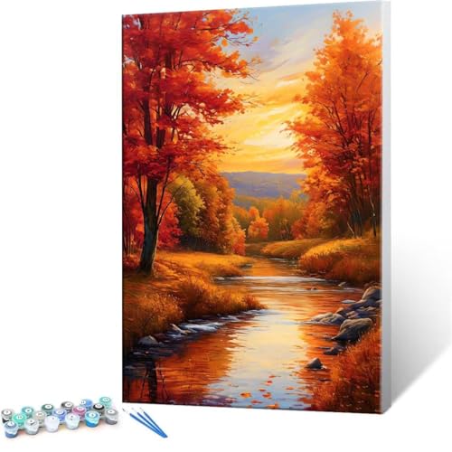 Malen nach Zahlen Erwachsene, Malen nach Zahlen Herbst Landschaft DIY Handgemalt Ölgemälde Kit Paint by Numbers Adult Mit 3 Pinseln und Acrylfarbe Knitterfreie Leinwand Kit - 50x70cm (Rahmenlos) Y-280 von QIANLUOO