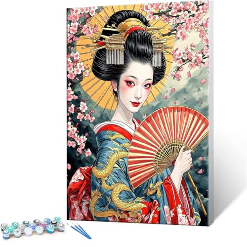 Malen nach Zahlen Erwachsene, Malen nach Zahlen Japanische Geisha DIY Handgemalt Ölgemälde Kit Paint by Numbers Adult Mit 3 Pinseln und Acrylfarbe Knitterfreie Leinwand Kit - 30x40cm (Rahmenlos) Y-289 von QIANLUOO