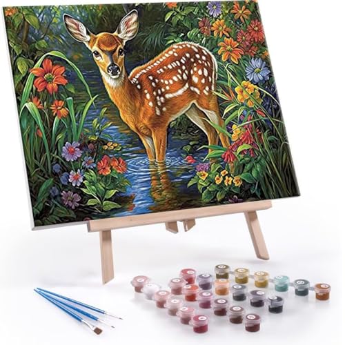 Malen nach Zahlen Erwachsene, Malen nach Zahlen Landschaft Hirsch DIY Handgemalt Ölgemälde Kit Paint by Numbers Adult Mit 3 Pinseln und Acrylfarbe Knitterfreie Leinwand Kit - 70x90cm (Rahmenlos) Y-593 von QIANLUOO