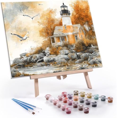 Malen nach Zahlen Erwachsene, Malen nach Zahlen Leuchtturm Möwe DIY Handgemalt Ölgemälde Kit Paint by Numbers Adult Mit 3 Pinseln und Acrylfarbe Knitterfreie Leinwand Kit - 60x80cm (Rahmenlos) Y-561 von QIANLUOO