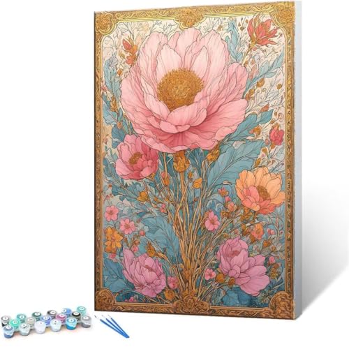 Malen nach Zahlen Erwachsene, Malen nach Zahlen Rosa Blüten DIY Handgemalt Ölgemälde Kit Paint by Numbers Adult Mit 3 Pinseln und Acrylfarbe Knitterfreie Leinwand Kit - 70x90cm (Rahmenlos) Y-92 von QIANLUOO