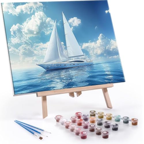 Malen nach Zahlen Erwachsene, Malen nach Zahlen Segelboot DIY Handgemalt Ölgemälde Kit Paint by Numbers Adult Mit 3 Pinseln und Acrylfarbe Knitterfreie Leinwand Kit - 50x70cm (Rahmenlos) Y-583 von QIANLUOO