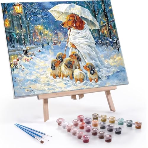 Malen nach Zahlen Erwachsene, Malen nach Zahlen Winter Hund DIY Handgemalt Ölgemälde Kit Paint by Numbers Adult Mit 3 Pinseln und Acrylfarbe Knitterfreie Leinwand Kit - 60x80cm (Rahmenlos) Y-564 von QIANLUOO