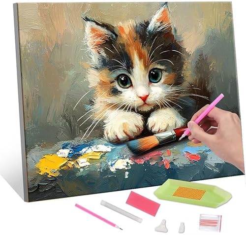 QIANLUOO 5D Diamond Painting Bilder, Diamant Painting Cute Cat, Diamond Painting Set für Erwachsene Kinder, Komplettes DIY Diamond Art Malen Stickset, Kreuzstichbilder für Wohnkultur 100x130 cm k-501 von QIANLUOO