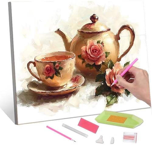 QIANLUOO 5D Diamond Painting Bilder, Diamant Painting Teapot Rose, Diamond Painting Set für Erwachsene Kinder, Komplettes DIY Diamond Art Malen Stickset, Kreuzstichbilder für Wohnkultur 70x90 cm k-84 von QIANLUOO