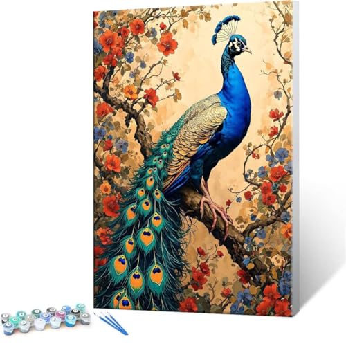 QIANLUOO Malen Nach Zahlen Erwachsene - DIY Pfau Handgemalt Ölgemälde Kit für Anfänger, Mit 3-Pinseln und Acrylfarbe Handgemalt öLgemäLde Kit Als Geschenk Heimdekoration 35x50cm (Ohne Rahmen) R-187 von QIANLUOO