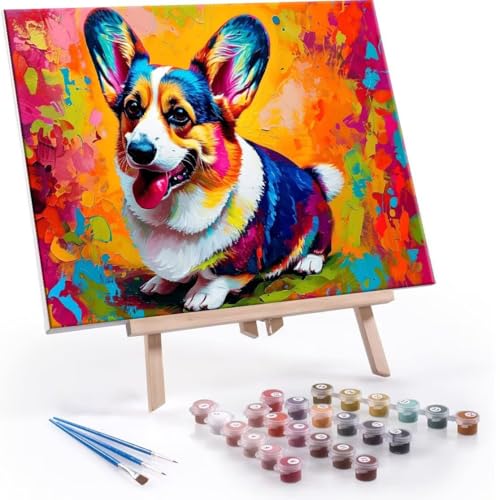 QIANLUOO Malen nach Zahlen Erwachsene, Malen nach Zahlen Corgi DIY Handgemalt Ölgemälde Kit Paint by Numbers Adult Mit 3 Pinseln und Acrylfarbe Knitterfreie Leinwand Kit - 50x70cm (Rahmenlos) Y-667 von QIANLUOO