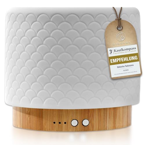 QIDOSHA® Aroma-Diffusor Tadasana, FAZ-Kaufempfehlung 12/2023, Diffuser für ätherische Öle, Premium Duftöl-Diffusor mit Echtholz-Sockel und Keramik-Haube, 10 Std Langzeitbetrieb, warm-weißes Licht von QIDOSHA