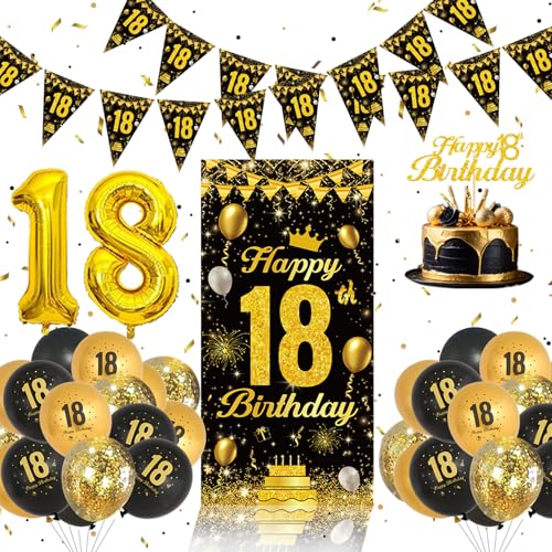 18 Geburtstag Deko Set - Schwarz Und Gold Luftballons Geburtstag, Happy Birthday Banner, Cake Topper Geburtstag 18, Luftballons 18. Geburtstag,18. Geburtstag Junge Mädchen,Deko 18. Geburtstag Junge von QIFU