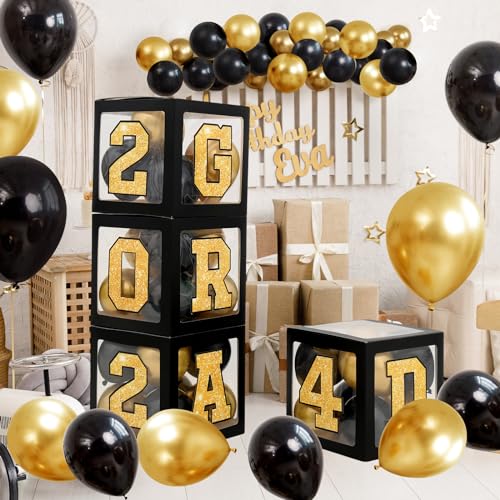 2024 Ballonboxen für Abschlussfeiern, Schwarz / Gold, Abschlussfeier, Party-Dekorationen, Klasse 2024, 4 Stück Ballonbox mit Abschluss, 2024, perfekt für Abschlussbälle, Abschlussbälle, Dekorationen von QIFU