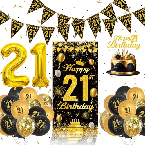 21 Geburtstag Dekorationen Set - Schwarz Gold Geburtstag Ballons, 21 Geburtstag Banner, 21 Geburtstag Cake Topper, 21 Geburtstag Dekorationen Mann Frau, Schwarz-Gold Geburtstag Party Dekorationen von QIFU