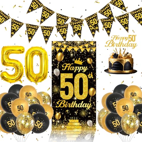 50 Geburtstagsdeko Set - Schwarz Und Gold Geburtstag Ballons, 50 Happy Birthday Banner, 50 Happy Birthday Tortendeko, 50 Geburtstag Mann, 50 Geburtstag Frau, Luftballons 50. Geburtstag Party Deko von QIFU