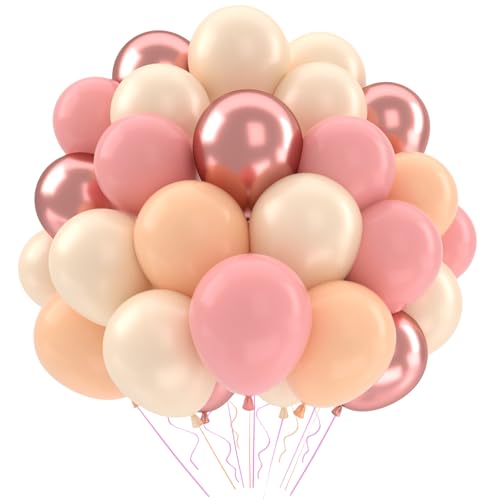 Luftballons Rosa Beige Geburtstag,52 Stück Retro Rosa Metallic Roségold Luftballons Macaron Hell Orange Helium Ballons Mit Band Geburtstag Deko Mädchen Kinder Baby Shower Boho Party Babyparty Taufe von QIFU