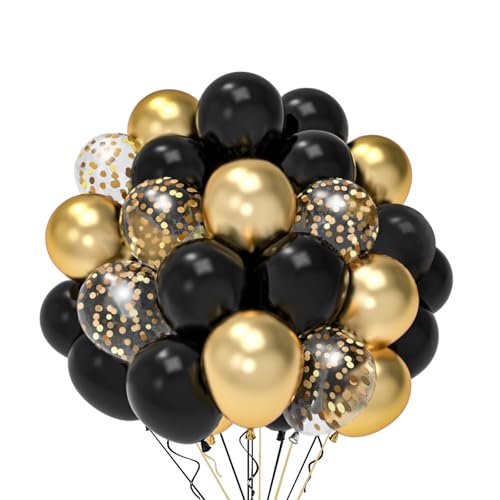 Luftballons Geburtstag Schwarz Gold, 52 Stück Helium Ballons Schwarze Goldene Konfetti Luftballons, Geburtstags Deko Schwarz Gold Ballons Für Hochzeit Abschluss Geburtstag Silvester Neujahr 2025 Deko von QIFU