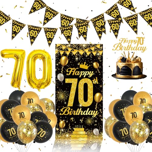 70 Geburtstag Deko Set - Schwarz Und Gold Luftballons Geburtstag, 70 Happy Birthday Banner, 70 Happy Birthday Tortendeko, 70 Geburtstag Mann, 70 Geburtstag Frau, Geschenk 70 Geburtstag Mann Frau von QIFU