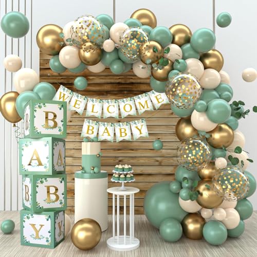 Baby-Dusche-Dekorationen Junge Mädchen, 4pcs Salbei Grün Baby Ballonbox Mit Grün Gold Luftballon Girlande & WELCOME BABY Banner, Baby Ballonbox Für Babyparty Deko Neutral Geschlecht Reveal Taufe von QIFU