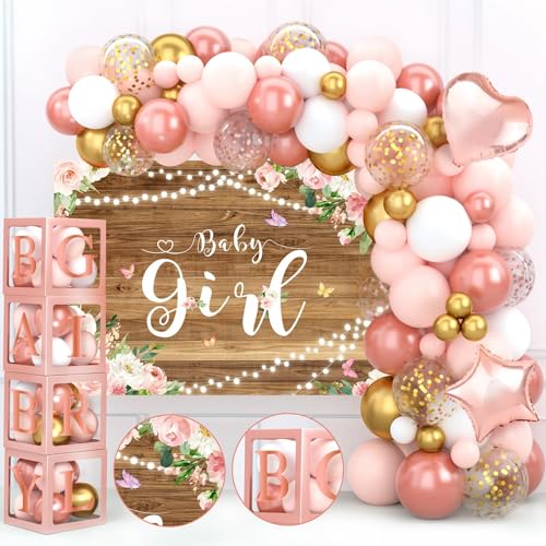 Babyparty Deko Mädchen, 4Pcs Rosa Ballonbox mit 30 Buchstaben,Luftballons Rosa Luftballons Gold mit Banner, Rosegold Ballon Girlande für Baby Shower Deko Mädchen, Gender Reveal Party Deko, Geburtstags von QIFU