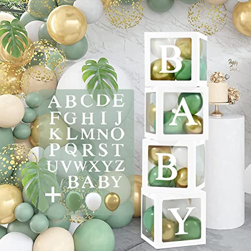 Babyparty Deko Box Junge, 4Pcs Luftballon Boxen mit 30 Buchstaben (BABY+A-Z) Grün Gold Luftballons für Babyparty Deko Junge, Babyshower Deko, Gender Reveal Party, Baby Party von QIFU