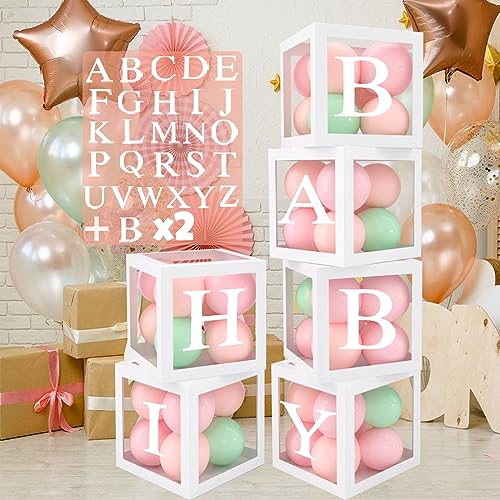 QIFU Babyparty Deko Box, 6 Stück 25cm Transparent Baby Shower Boxen mit 54 Buchstaben für Babyparty Deko Junge oder Mädchen, Geburtstag, DIY Namen, Baby Shower Deko, Gender Reveal Party von QIFU