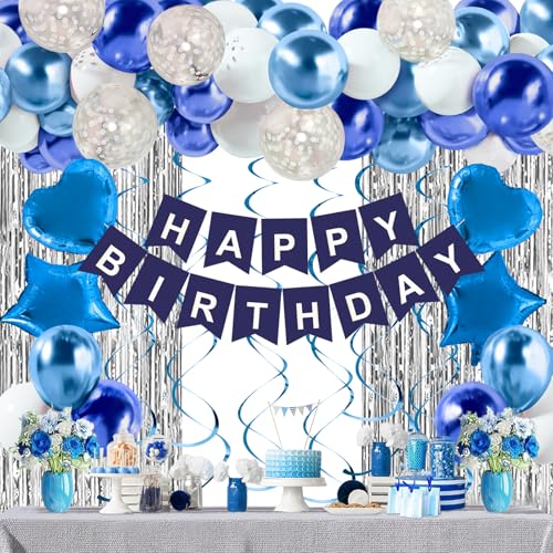 Blau Luftballons Geburtstagsdeko Set, Luftballons Blau Weiss,Happy Birthday Banner,Lametta Vorhang Silberne,Luftballons Konfetti, Blaue Ballons Set Für Party Deko Geburtstagsdeko Taufe Deko Hochzeit von QIFU