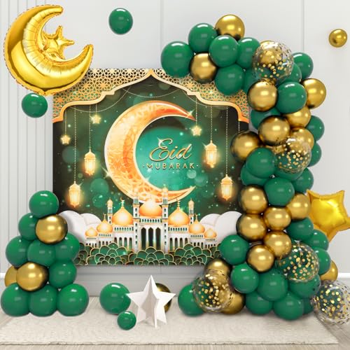 Eid Mubarak Dekorationen für Zuhause – 70 Stück Ramadan-Dekorationen umfassen grün-goldene Stern-Mond-Ballons und Eid-Mubarak-Banner für Ramadan-Dekoration von QIFU