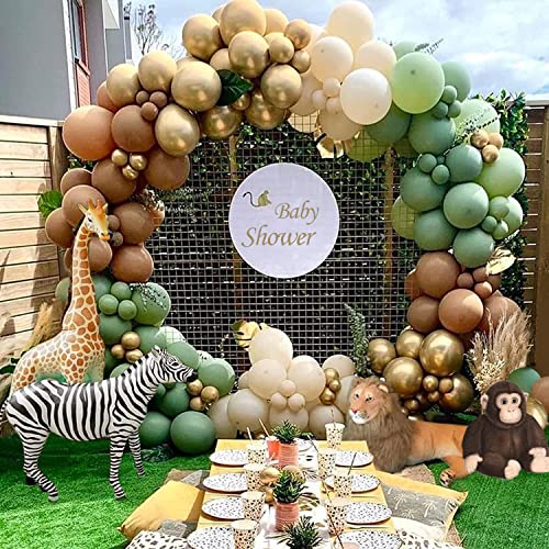 Ballon Girlande Grün,137Pcs Jungle Safari Luftballon Girlande Grün, Sage Green Braun und Metallic Gold Ballons, für Dschungel Baby Shower, Safari Geburtstagsdeko, Wild One Geburtstag Party von QIFU