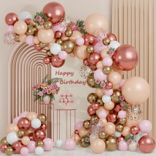 Luftballon Girlande Kit Rosa Gold, Ballonbogen 114 Stück Helium Ballon Pastell Orange Weiß Rosegold Konfetti Ballons Pink Gold für Geburtstagsdeko Mädchen Frauen, Luftballons Hochzeit, Babyparty Deko von QIFU