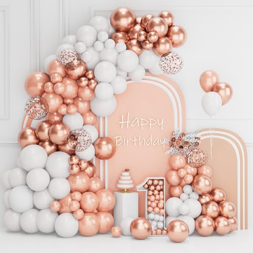 Luftballon Girlande Weiß Roségold, 101 Stück Latex Luftballon Mattes Weiß Metallisch Rose Gold Ballonbogen mit Rosegld Konfetti Ballon für Geburtstag Deko Mädchen Frauen Hochzeit Taufe Babyparty Deko von QIFU