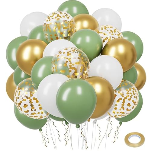 Luftballons Grün Gold, 50 Stück Luftballons Retro Grün Weiß Gold Konfetti Latex Ballons,Helium Ballons Grün Gold für Geburtstag, Hochzeit, Babyparty Deko, Baby Shower, Jubiläum，12 Zoll von QIFU