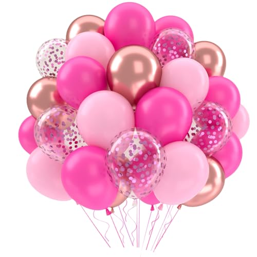 Luftballons Rosa Geburtstag Deko Mädchen, 52 Stück Latex Helium Ballons Pastell Rosa Hot Pink Rosegold Konfetti Lila Luftballon Prinzessin Geburtstag Hochzeit Verlobung Braut Baby Party Deko,12 Zoll von QIFU