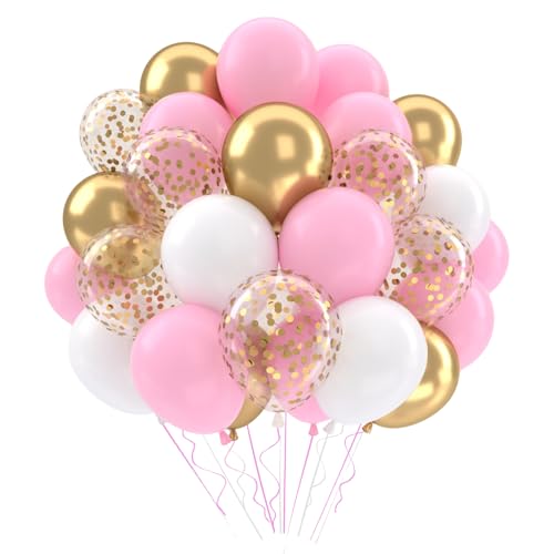 Luftballons Rosa Gold Geburtstag Hochzeit, 52 Stück 12 Inch Luftballons Pastellfarben Pink Weiß, Helium Latex Ballons Set Konfetti Luftballons Geburtstag Mädchen Frauen Taufe Baby Shower Party Deko von QIFU