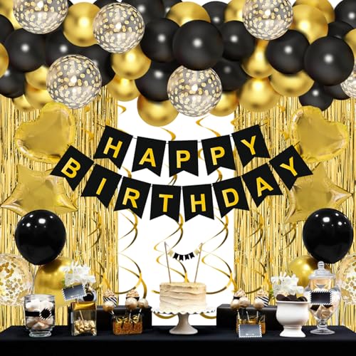 Luftballons Geburtstagsdeko Set, Luftballons Schwarz Gold,Happy Birthday Banner,Lametta Vorhang Goldene,Folienballon Geburtstag,Ballons Schwarz Gold Für Party Deko Geburtstagsdeko Mädchen Mann Frauen von QIFU