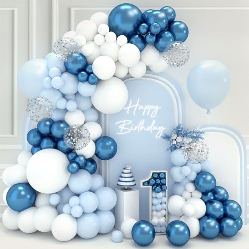 Luftballon Girlande Blau Weiss,102Pcs Blaue Ballonbogen Kit Mit Metallic Blauen Ballons Weiße Ballons Hellblaue Ballon,18 12 10 5 Zoll Ballon Für Geburtstag Baby Shower Hochzeit Kommunion Dekorationen von QIFU