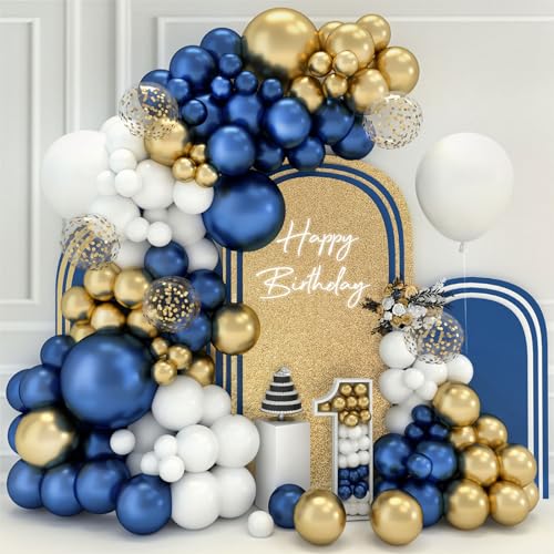 Luftballon Girlande Blau Gold, 102Pcs Blau Luftballons Geburtstag Kit Mit Metallic Gold Ballons Weiße Ballons Marineblau Ballon,18 12 10 5 Zoll Latex Ballonbogen Für Geburtstag Baby Shower Sünnet Deko von QIFU