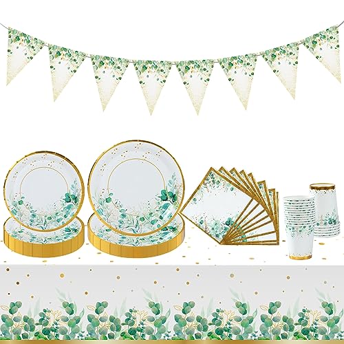 QIFU Grün Partygeschirr Set für 24 Gäste, Geburtstag Party Geschirr mit Pappteller Becher Servietten Tischdecke Banner für Baby Shower Deko, Babyparty Deko, Hochzeit, Geburtstag von QIFU