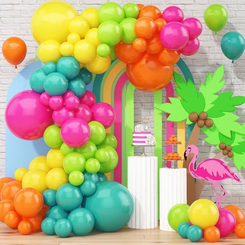 Tropische Hawaiianische Luftballons Girlande, 110 Stück Heißes Magenta Matt Orange Grün Gelb Blau Ballonbogen für Tropischer Geburtstag, Strand Sommer Party Dekorationen, Baby Shower Jungen Mädchen von QIFU