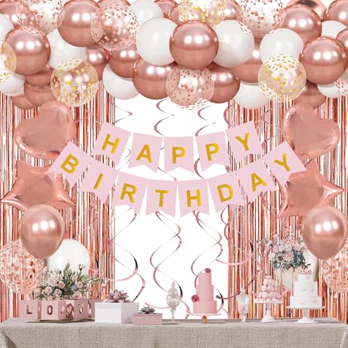 Rosegold Luftballons Geburtstagsdeko Set, Luftballons Rosegold Weiss, Happy Birthday Banner, Lametta Vorhang, Luftballons Konfetti, Rosegold Ballons Set Für Party Deko Geburtstagsdeko Mädchen Frauen von QIFU