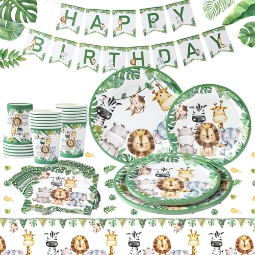 Salbeigrünes Dschungelpapier Safari Pappteller Geburtstagsdeko-98pcs Grün Partygeschirr Tassen Und Serviette Set Mit Tischtuch & Banner,Partygeschirr Kindergeburtstag, von QIFU